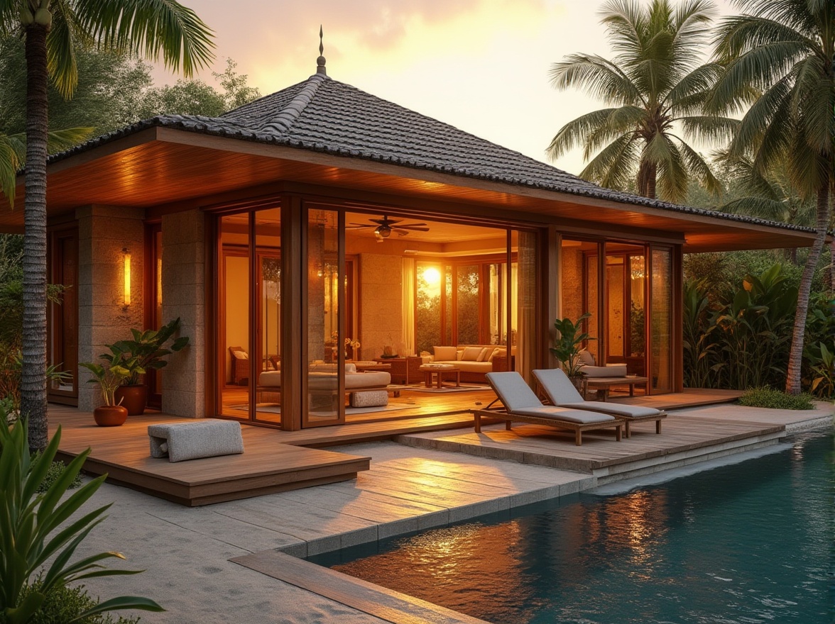 Prompt: Warm amber color, cozy atmosphere, modern villa, large windows, wooden frames, soft golden lighting, warm sunset glow, natural stone walls, greenery surroundings, tropical plants, palm trees, serene pool area, lounge chairs, wooden decking, rustic outdoor furniture, warm beige sandy floor, ambient shadows, 3/4 composition, cinematic depth of field.