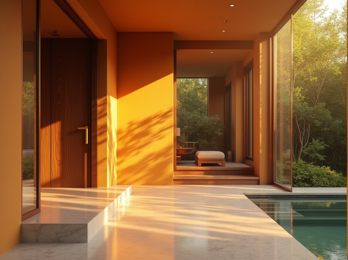 Prompt: Warm amber color, modern architecture, luxurious villa, large glass windows, wooden door, golden metal handles, creamy marble floors, soft warm lighting, afternoon sunbeams, natural stone walls, lush greenery surroundings, cozy atmosphere, intimate spaces, 3/4 composition, shallow depth of field, warm ambient light, cinematic rendering.