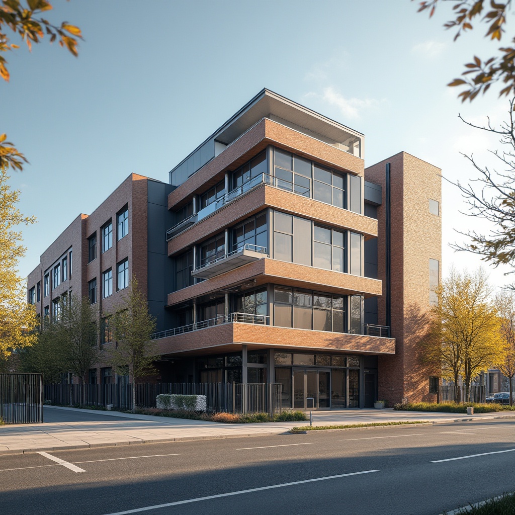 Prompt: Modern high school, streamlined architecture, brick material exterior, sleek lines, rectangular shapes, large glass windows, steel frames, minimalist decor, clean lines, urban setting, cityscape background, morning sunlight, soft shadows, 3/4 composition, shallow depth of field, vibrant colors, realistic textures, detailed architecture.