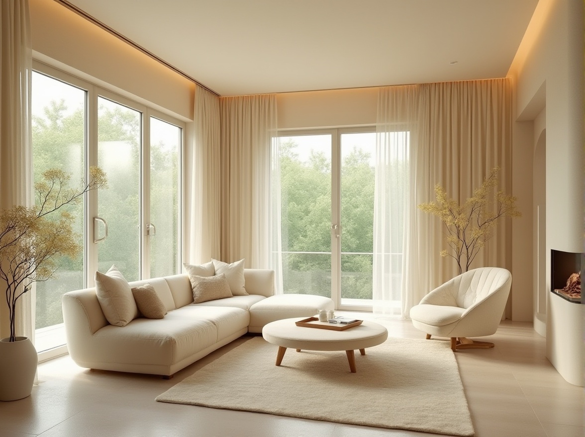 Prompt: Cream-colored walls, soft gentle lighting, elegant minimalist interior design, modern furniture with curved lines, velvety cream sofa, matching ottoman, subtle wood accents, delicate lace curtains, floor-to-ceiling windows, panoramic view of lush green forest, serene atmosphere, warm natural light, 3/4 composition, shallow depth of field.