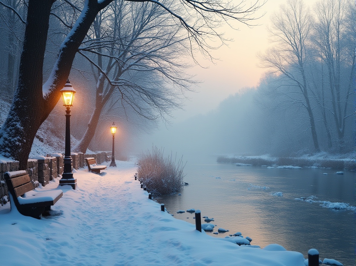 Prompt: Riverbank scene, snow color palette, serene atmosphere, gentle slope, frozen river, bare trees, misty fog, soft warm lighting, peaceful ambiance, wooden benches, rustic lamp posts, snowflakes gently falling, icy river rocks, frozen reeds, natural stone walls, tranquil water reflections, panoramic view, 3/4 composition, cinematic mood.