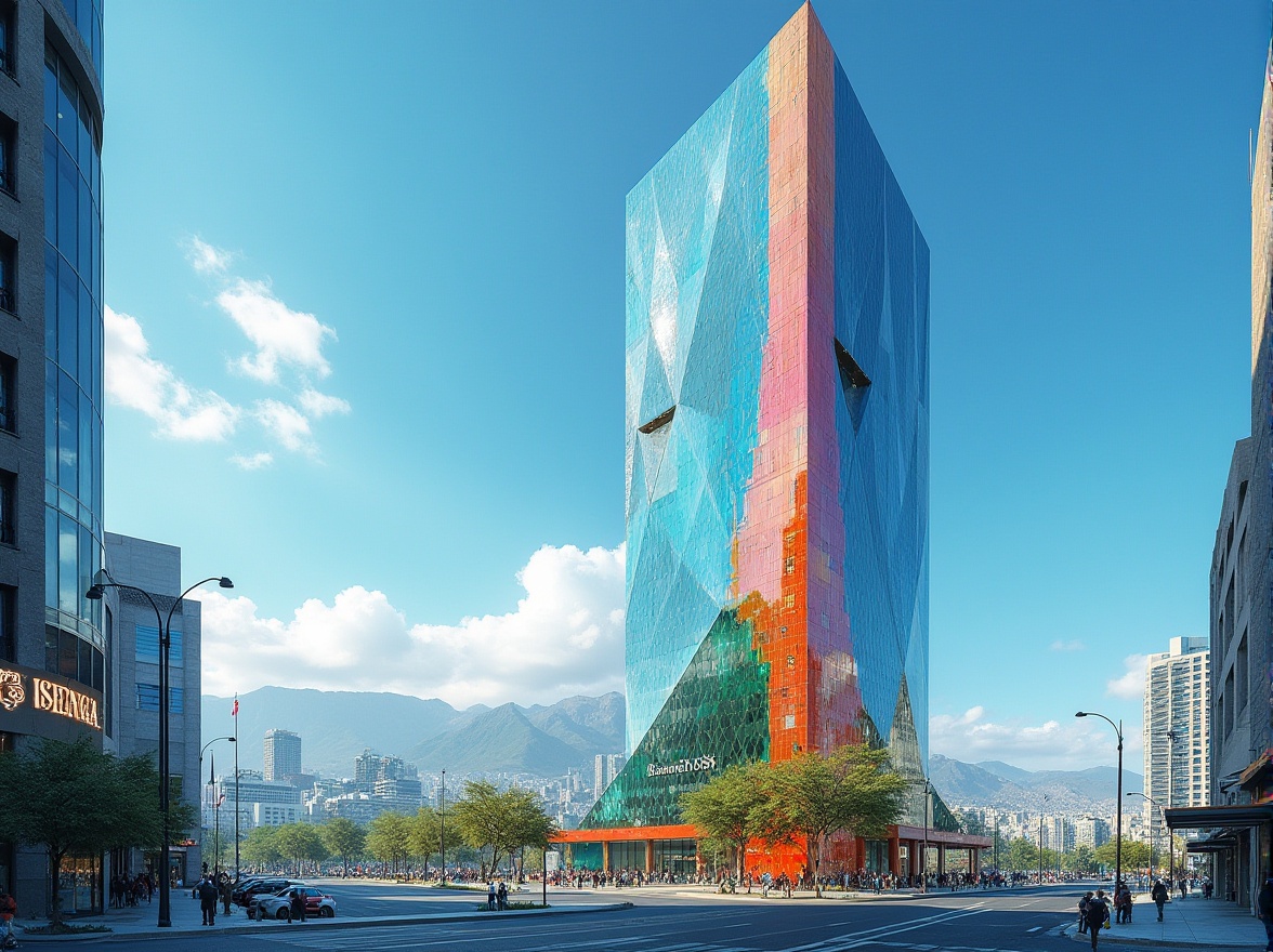 Prompt: Modern skyscraper, luxurious, urban, cityscape, colored glass facade, reflective surface, vibrant colors, geometric patterns, angular lines, sleek architecture, futuristic design, daytime, sunny weather, clear blue sky, few white clouds, distant mountains, busy streets, people walking by, 3/4 composition, low-angle shot, dramatic lighting, cinematic atmosphere.