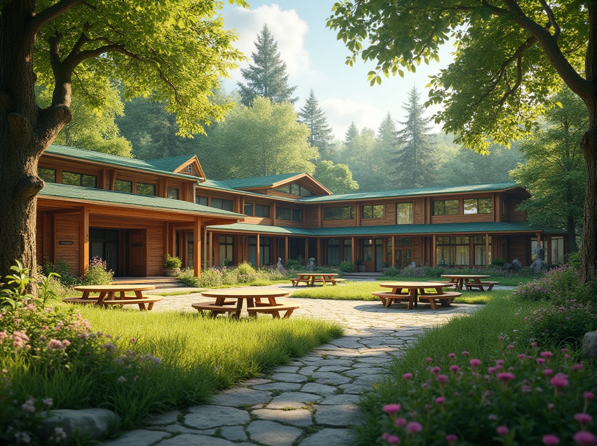 Prompt: Middle school, forest setting, wooden architecture, green roof, large windows, natural light, open courtyard, tree surround, outdoor classroom, wooden benches, nature-inspired sculptures, stone pathways, lush greenery, wildflowers blooming, tall trees providing shade, sunny afternoon, warm soft lighting, panoramic view, cinematic composition, 3/4 camera angle, vibrant colors, realistic textures.