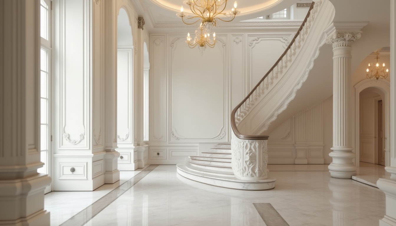 Prompt: Interior design, architectural detail, decorative element, white plaster material, smooth texture, ornate pattern, Victorian-style molding, curved lines, luxurious ambiance, grand staircase, opulent chandelier, marble floor, lavish furnishings, soft warm lighting, 3/4 composition, shallow depth of field, realistic rendering.