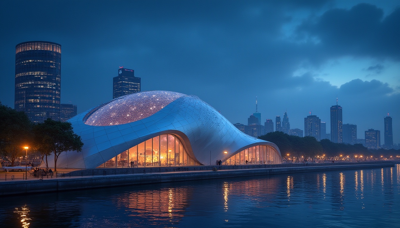 Prompt: Riverbank planetarium, streamline moderne style, futuristic architecture, silver metallic exterior, curved lines, minimalist decoration, large glass dome, starry night sky projection, celestial bodies display, 3/4 composition, low-angle shot, soft blue ambient lighting, warm color temperature, riverbank location, urban cityscape, modern skyscrapers, city lights reflection on the water, calm river flow, few pedestrians strolling along the riverbank, peaceful atmosphere, cinematic mood.