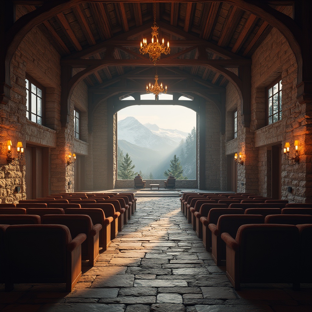 Prompt: Mountainous regions, auditorium, vernacular architecture, grand entrance, stone walls, wooden beams, rustic chandeliers, cozy seating areas, large windows, breathtaking mountain views, snow-capped peaks, pine trees surrounding the building, misty atmosphere, warm lighting, warm colors, natural materials, earth tones, symmetrical composition, dramatic shadows, cinematic mood, foggy morning, afternoon sun, golden hour, wide-angle lens.