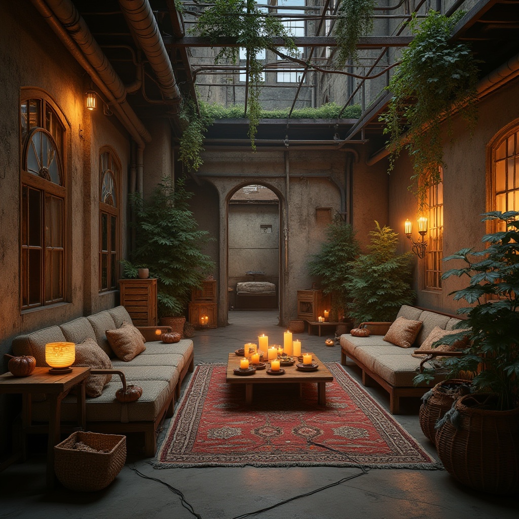 Prompt: Harsh environment, inviting space, industrial area, abandoned factory, rusty pipes, concrete walls, broken windows, dim warm lighting, cozy corners, vintage furniture, wooden crates, lush greenery, hanging vines, natural textiles, woven baskets, earthy tones, warm colors, soft cushions, lanterns, candles, warm beverages, comfortable seating, relaxing atmosphere, 3/4 composition, soft focus, warm glow.