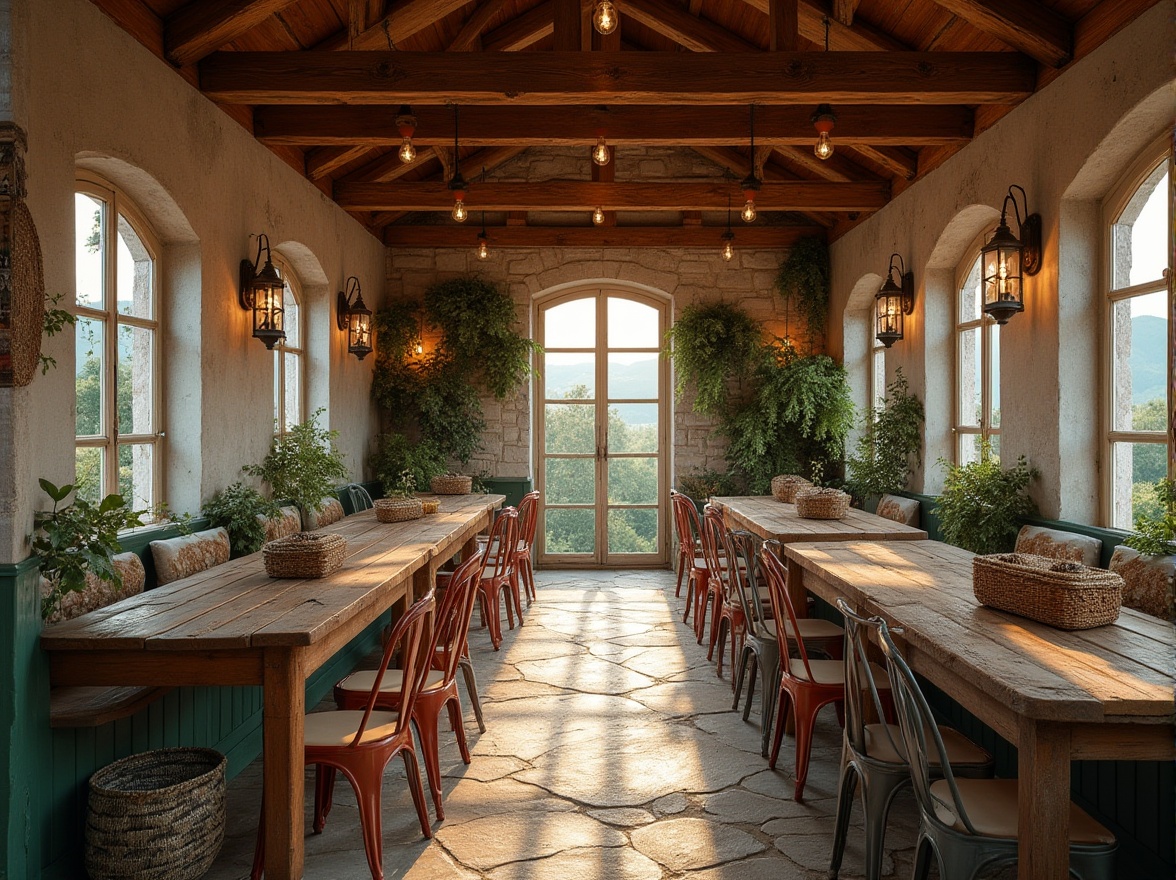 Prompt: Rustic dining hall, rural aesthetic, wooden tables, vintage metal chairs, natural stone walls, earthy tone flooring, wooden beams, exposed ceiling, lantern lighting, farmhouse windows, lush greenery, potted plants, woven baskets, distressed finishes, cozy atmosphere, warm color palette, soft ambient light, morning sunlight, countryside views, rolling hills, distant trees.