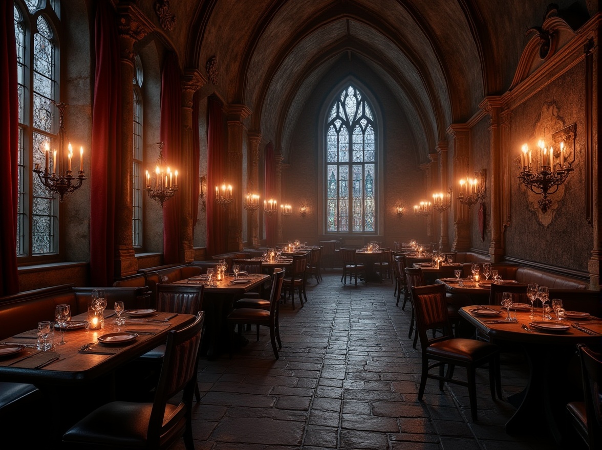 Prompt: Gothic style restaurant interior, dimly lit, mysterious ambiance, corrugated metal walls, ornate stone columns, grand high ceilings, stained glass windows, intricate wooden furniture, luxurious velvet curtains, candelabras, ornate mirrors, dark wood tables, leather chairs, medieval-inspired decorations, mysterious lighting, dramatic shadows, warm color palette, rich textures, detailed patterns, ancient artifacts, mysterious relics.