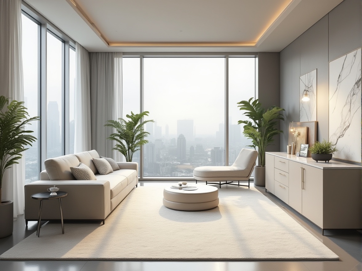 Prompt: Modern interior, light gray walls, sleek minimalist furniture, low-pile carpet, floor-to-ceiling windows, cityscape view, 3/4 composition, soft natural lighting, subtle shadows, luxurious ambiance, contemporary decor, chrome accents, marble countertops, geometric patterns, abstract artwork, Scandinavian-inspired design, airy atmosphere, warm beige tone accents.