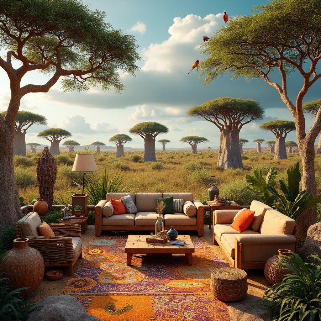 Prompt: African savannah, eclectic elements, vibrant colors, mixed patterns, bold textures, wooden accents, natural materials, earthy tones, greenery surroundings, tall trees, Acacia leaves, Baobab trunks, exotic flowers, colorful birds perched, sunny day, warm lighting, dramatic clouds, panoramic view, cinematic composition, 3/4 shot, shallow depth of field, rustic wood furniture, woven baskets, African-inspired sculptures, bold statement pieces, abstract artwork, eclectic decor, layered rugs, natural fabrics, organic shapes.