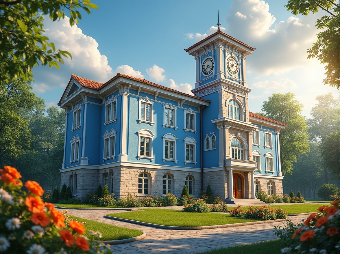 Prompt: Regionalism style school building, incorporating Azure color, bright blue walls with white accents, tall windows, wooden doors, lush greenery surrounding, blooming flowers, vibrant yellow and orange hues, detailed brick texture, intricate stone carvings, majestic clock tower, sunny day, soft warm lighting, dramatic clouds, panoramic view, 3/4 composition.