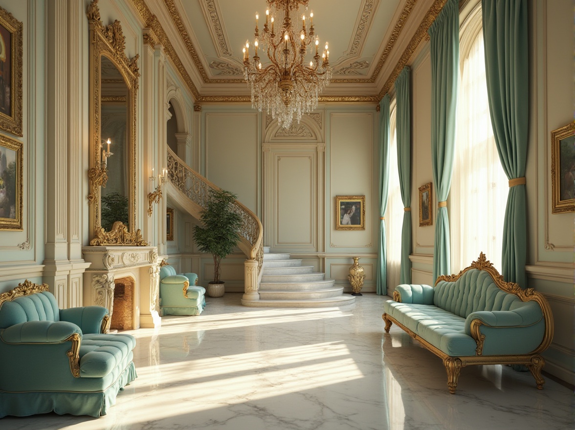 Prompt: Modern Renaissance interior, mint color accents, ornate gold frames, lavish velvet drapes, intricately carved wooden furniture, soft cream walls, elegant crystal chandelier, luxurious marble flooring, majestic stone columns, grand staircase, refined lace curtains, subtle morning light, warm atmospheric glow, cinematic composition, shallow depth of field, classical music ambiance, 3/4 camera angle, Dutch Masters-inspired lighting.