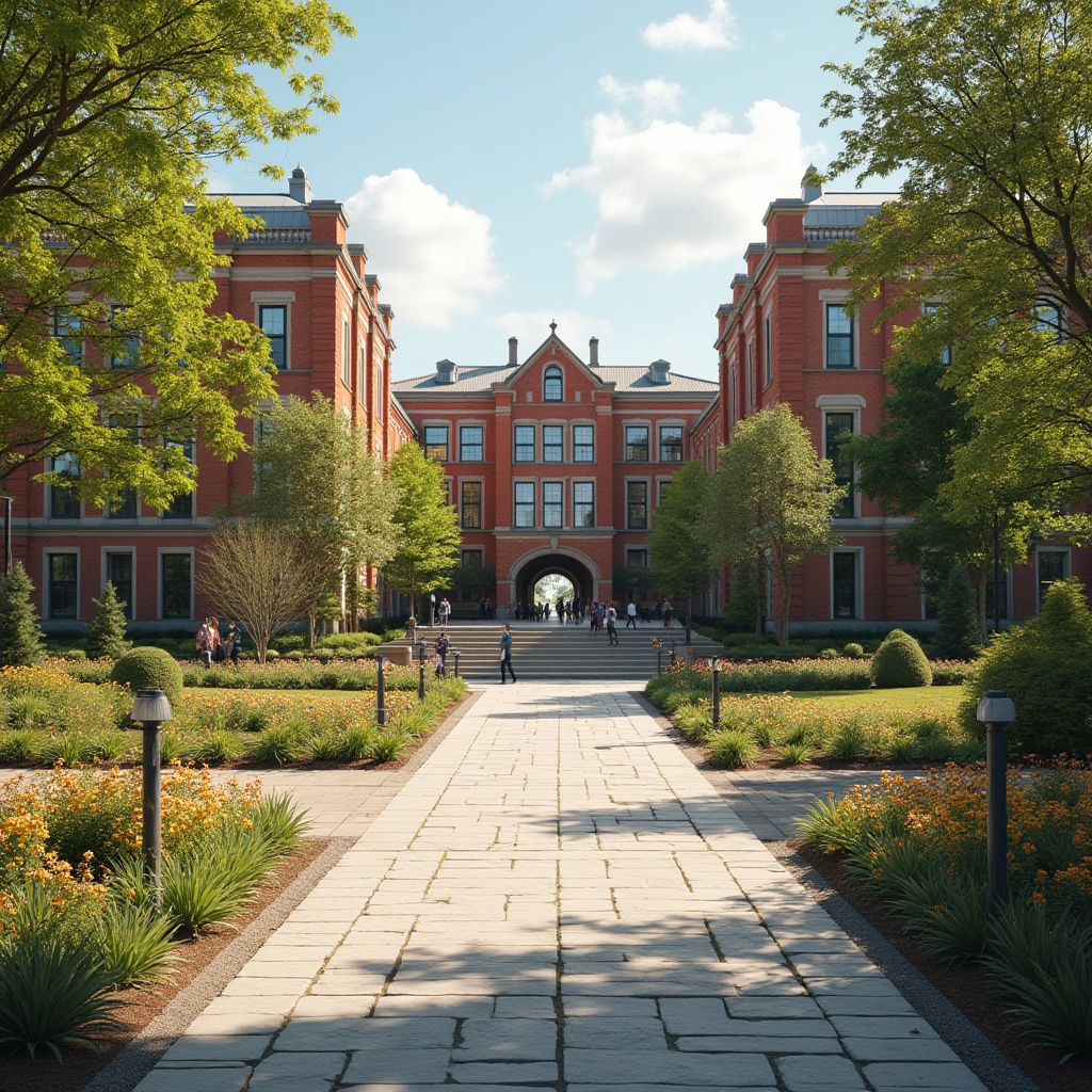 Prompt: Modern university campus, regionalism style, brick red buildings, grand entrance gate, symmetrical composition, vibrant greenery, blooming flowers, stone paved walkways, students walking and chatting, warm afternoon sunlight, soft shadows, depth of field, 3/4 composition, panoramic view, ambient lighting.