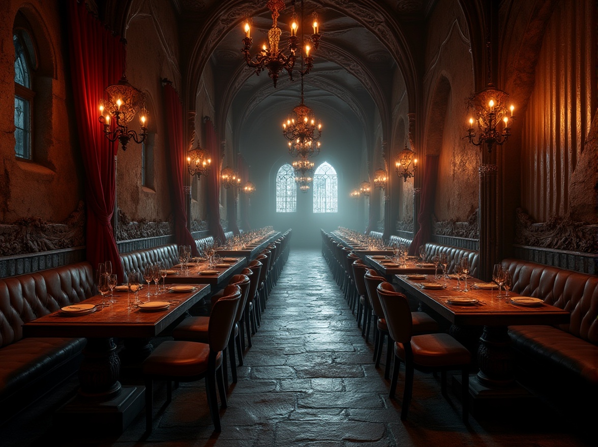 Prompt: Gothic restaurant interior, dark atmosphere, corrugated metal walls, stone floors, vaulted ceiling, grand chandeliers, ornate wooden tables, red velvet curtains, mysterious ambiance, candlelight, foggy windows, medieval-inspired decorations, intricate carvings, dramatic shadows, high contrast lighting, cinematic composition, 3/4 view, warm color tone.