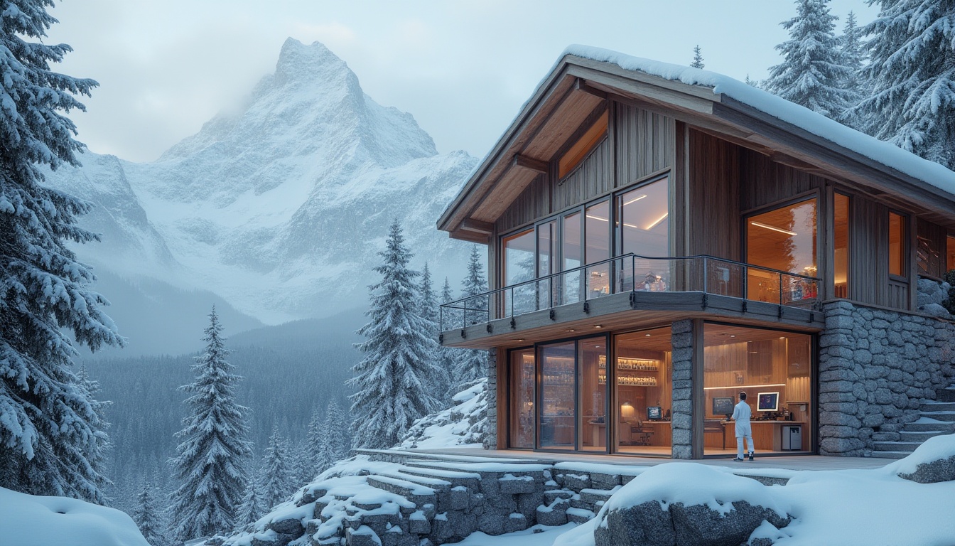 Prompt: Mountainous research laboratory, modern architecture, snow-capped mountains in the background, wooden exterior, large glass windows, steel beams, minimal decoration, industrial lighting, scientist characters, lab coats, goggles, test tubes, microscopes, computers, futuristic equipment, stone walls, concrete floors, metal stairs, snow-covered trees surrounding the building, misty atmosphere, soft natural light, panoramic view, 3/4 composition.