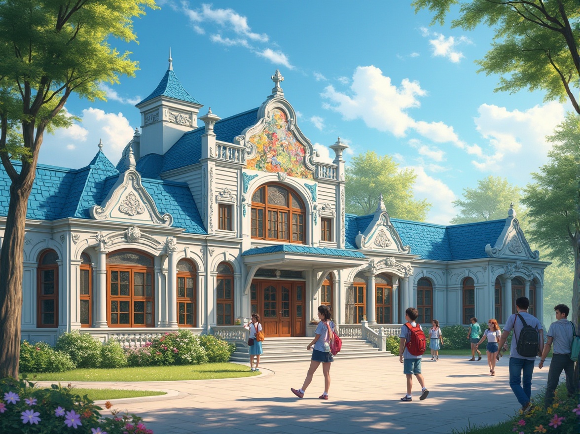 Prompt: Regionalism style school building, incorporating Azure color, blue roofs, white walls with azure accents, large windows, wooden doors, detailed stone carvings, lush greenery surroundings, tall trees, blooming flowers, vibrant colorful mural on the facade, students in casual uniforms, backpacks, books, smiling faces, lively atmosphere, warm sunlight, soft shadows, 3/4 composition, panoramic view, cinematic lighting.