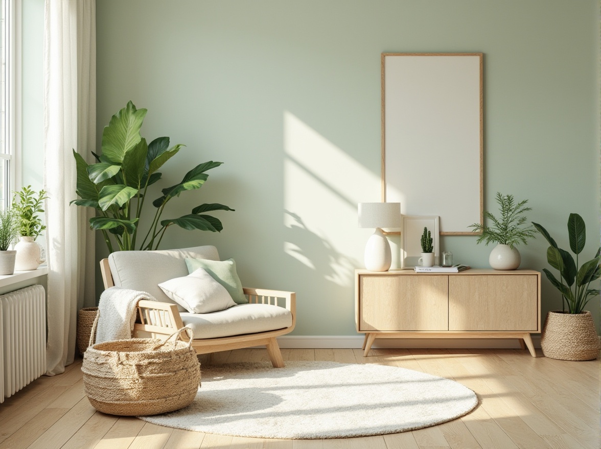 Prompt: Light green accents, modern minimalist interior, sleek lines, Scandinavian-inspired furniture, pale wood tones, creamy whites, natural textiles, woven baskets, lush greenery, potted plants, subtle patterned rug, geometric shapes, morning sunlight, softbox lighting, 3/4 composition, shallow depth of field, bohemian vibes, earthy atmosphere.