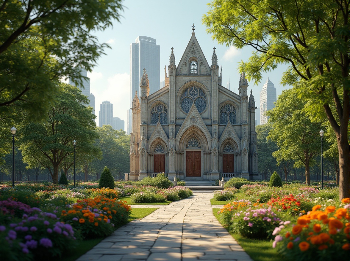 Prompt: Metropolis, modern cityscape, integrating parks, greenery, metabolism style churches, Gothic architecture, intricate stone carvings, stained glass windows, grandiose entrance, symmetrical composition, vibrant flowers, lush trees, winding pathways, serene ambiance, natural lighting, soft focus, warm colors, 3/4 view, low angle shot.