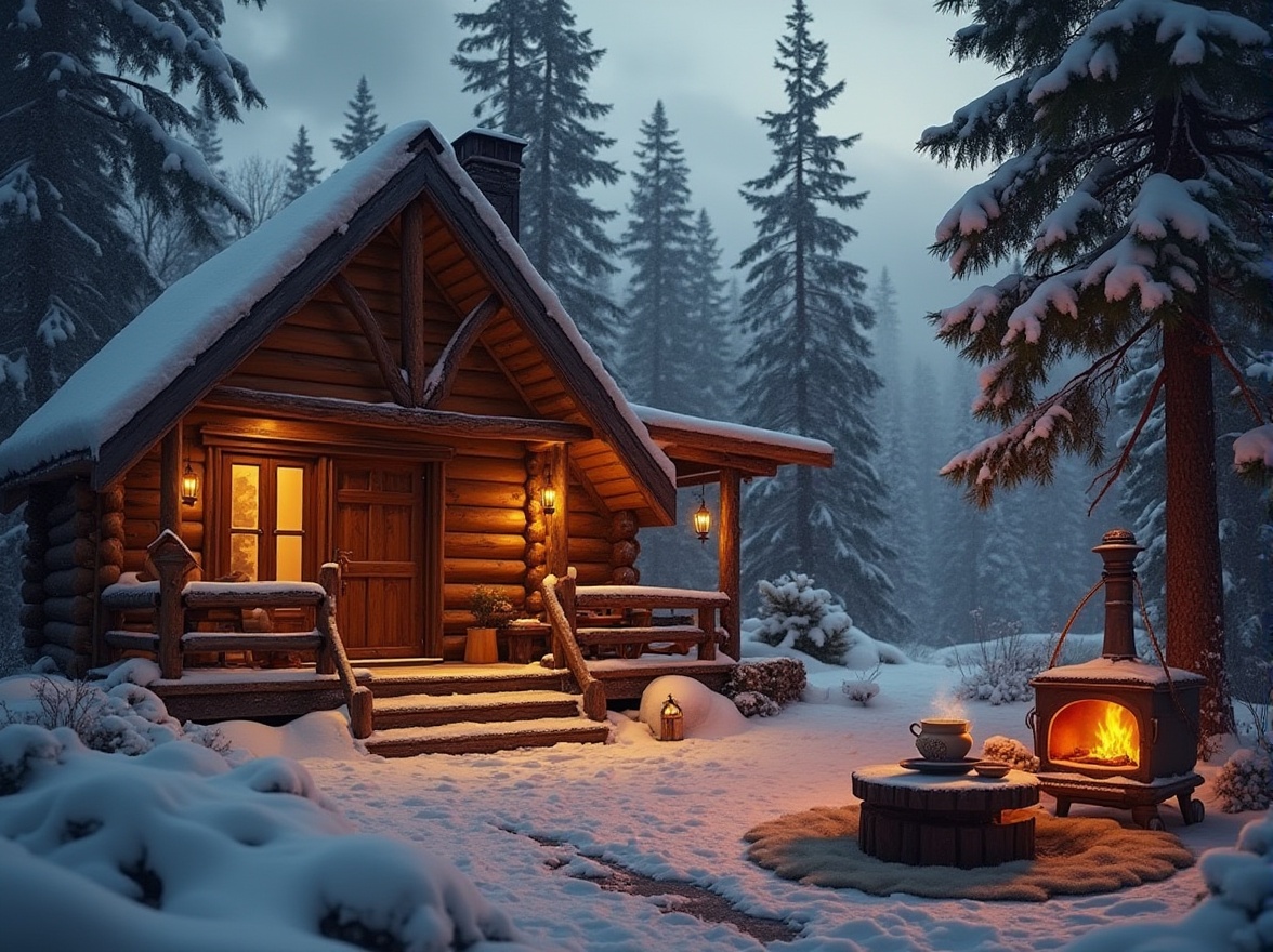 Prompt: Cozy cabin, snowy mountain, harsh winter environment, wooden exterior, smoke rising from chimney, warm golden light spilling out of windows, snowflakes gently falling, evergreen trees surrounding, plush armchair, crackling fireplace, sheepskin rug, warm beverage, steaming mug, rustic decor, vintage lanterns, soft ambient lighting, inviting atmosphere, 3/4 composition, shallow depth of field, cinematic mood.