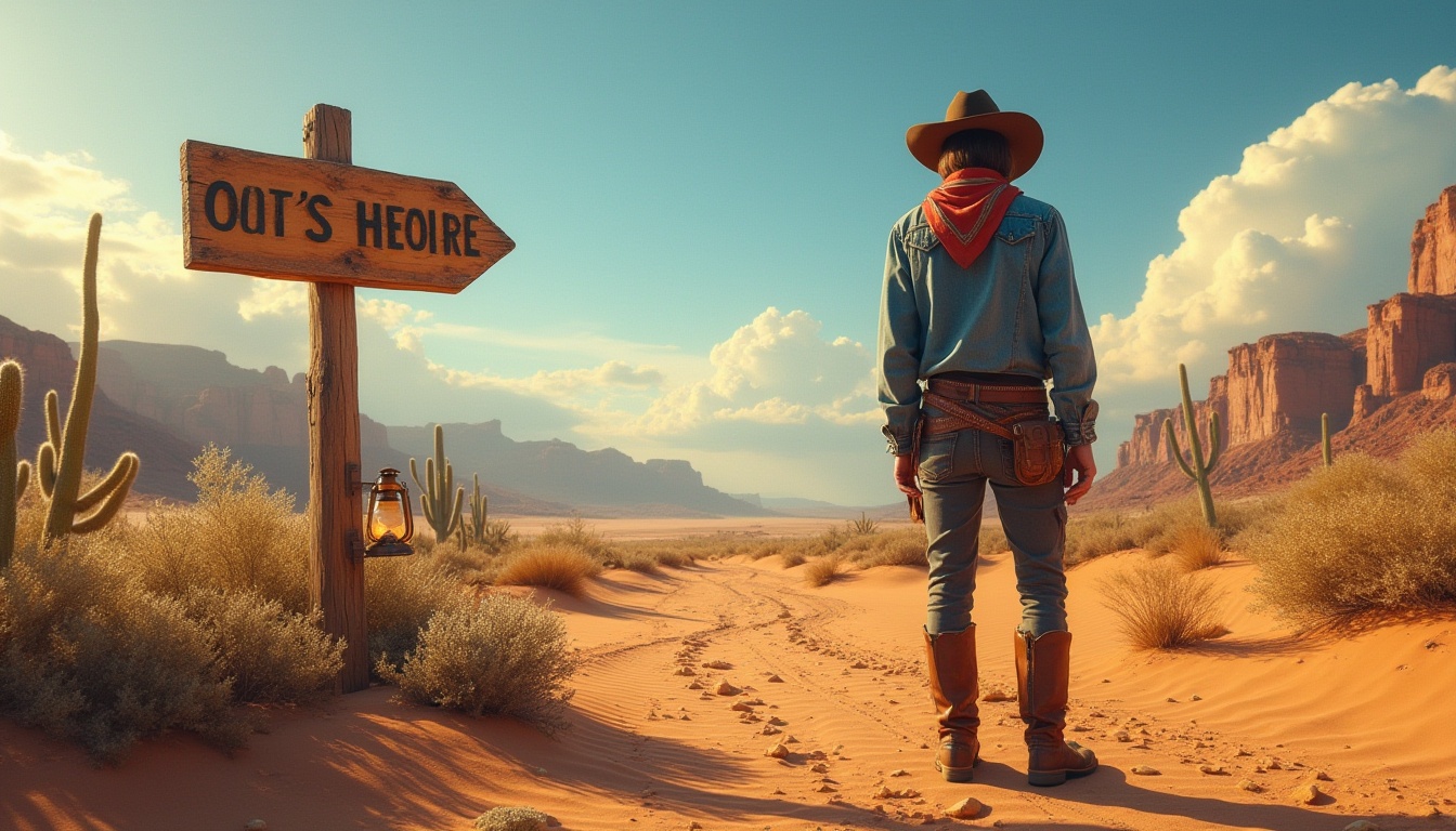 Prompt: ocher color, desert landscape, warm sandy dunes, endless blue sky, cacti scattered, rocky formations, worn wooden signposts, weathered leather boots, rugged cowboy hat, distressed denim jacket, faded bandana, rusty metal lanterns, vintage compass, dry riverbeds, abandoned mines, dramatic cloud formations, golden hour lighting, cinematic composition, warm soft focus, atmospheric perspective.