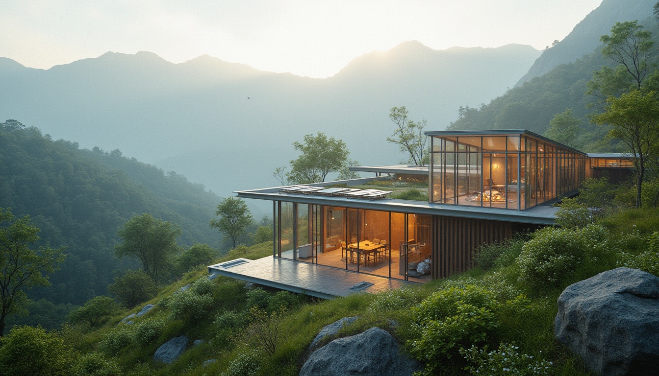 Prompt: Valley research center, modern architecture, futuristic design, glass facade, steel frame, minimalist interior, wooden accents, natural light, green roof, solar panels, surrounding mountains, lush greenery, misty atmosphere, morning dew, birds chirping, serene ambiance, 3/4 composition, shallow depth of field, warm lighting, cinematic mood.