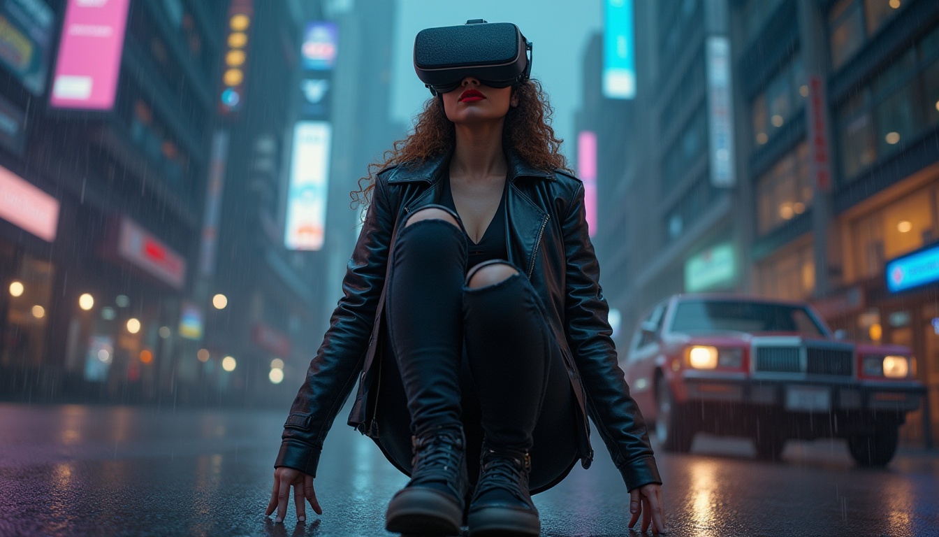 Prompt: Immersive experience, futuristic design, VR headset, woman, long curly brown hair, bold red lipstick, black leather jacket, ripped jeans, sneakers, cityscape, skyscraper, neon lights, rainy night, misty atmosphere, cinematic composition, low-angle shot, dramatic lighting, realistic textures.