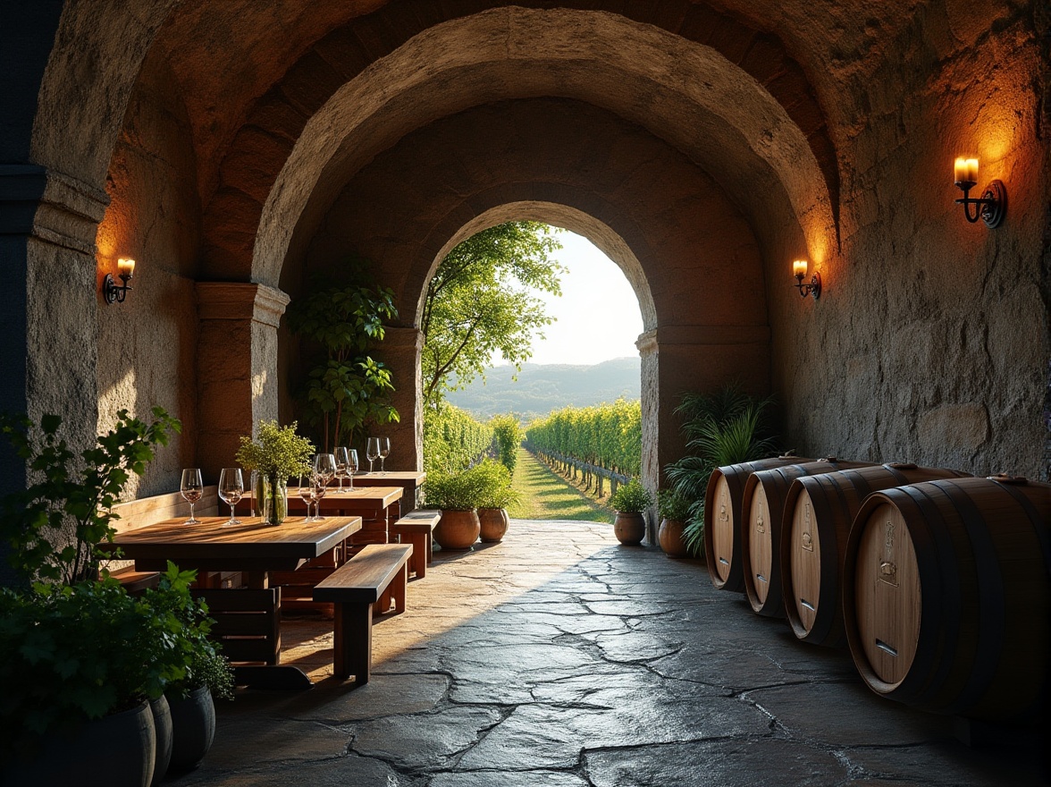 Prompt: Rustic winery interior, granite material, dark gray tone, rough texture, natural pattern, wine barrels, wooden crates, dim warm lighting, soft shadows, arched ceiling, stone walls, old vines, greenery, wooden tables, rustic chairs, wine glasses, grapes, vineyard scenery outside, sunny day, soft focus, cinematic composition, shallow depth of field.