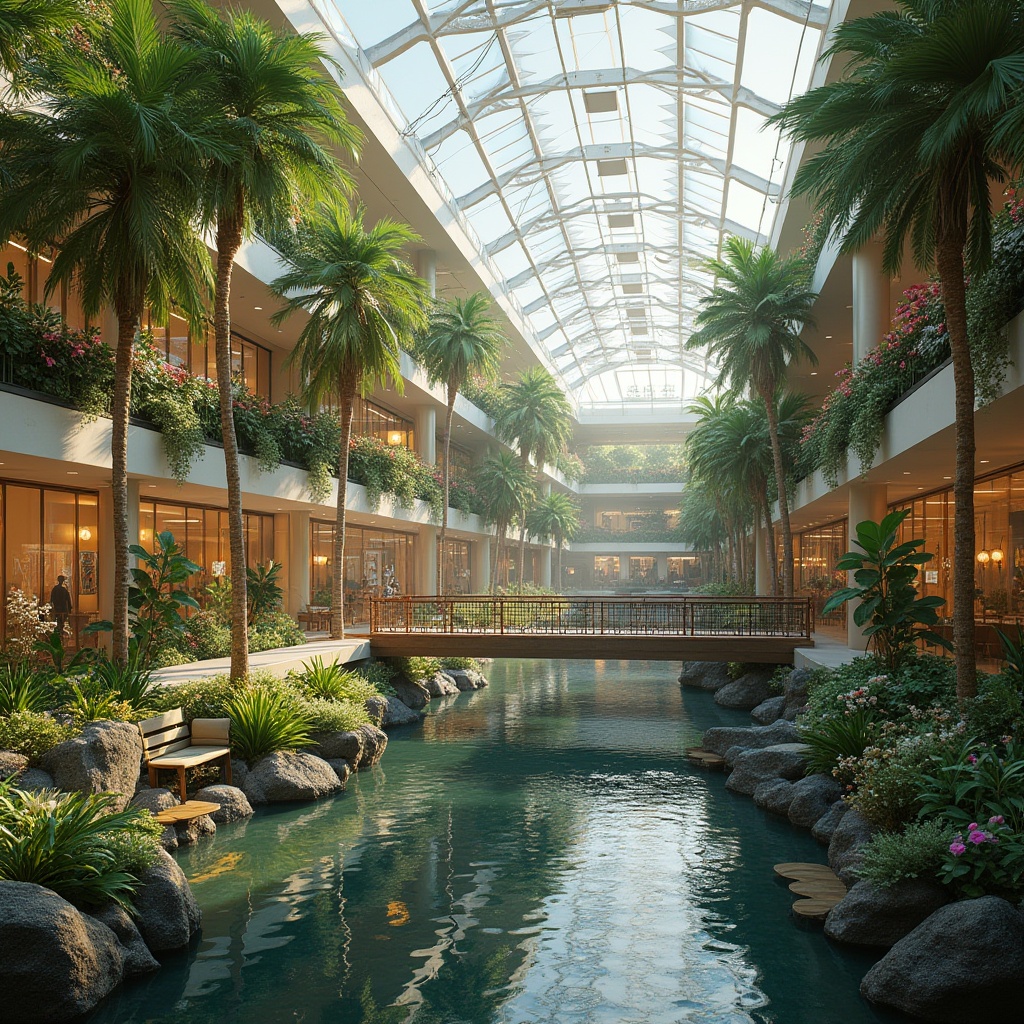 Prompt: Modern shopping center, integrating wetland environments, lush greenery, serene water features, natural light pouring in through large skylights, wooden bridges connecting indoor and outdoor spaces, tropical plants, palm trees, vibrant flowers, shallow pools reflecting the surrounding architecture, walking paths meandering through the wetland area, comfortable seating areas with natural stone benches, warm ambient lighting, gentle misting system, 3/4 composition, soft focus on the background, cinematic atmosphere.