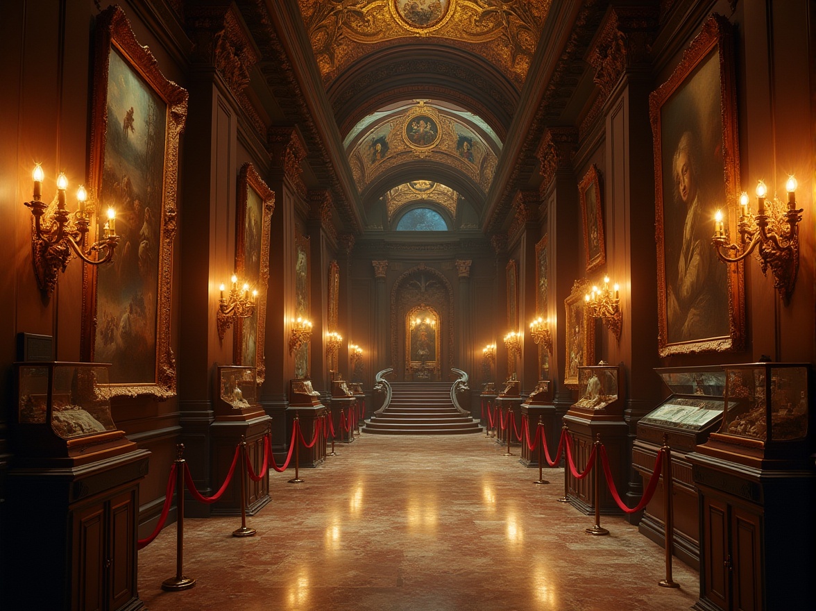 Prompt: Grand, ornate museum interior, Expressionism style, warm golden lighting, high ceiling, intricate moldings, grand staircase, marble floors, velvet ropes, antique exhibits, mysterious artifacts, ancient relics, dimly lit hallways, eerie shadows, ornate frames, Baroque-inspired architecture, Renaissance-era paintings, mysterious ambiance, cinematic composition, 3/4 view, shallow depth of field, warm color palette, dramatic chiaroscuro.