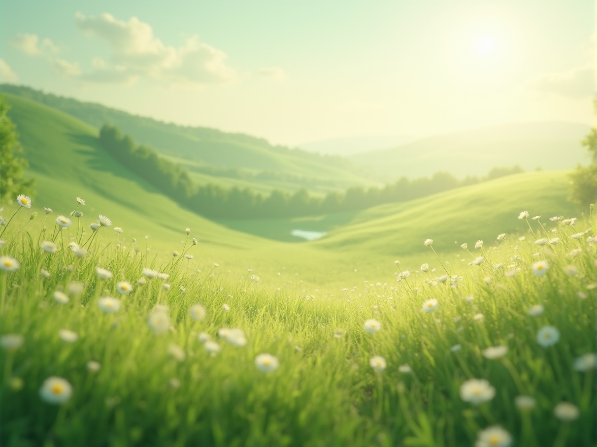 Prompt: Pastel light green, calming atmosphere, natural scenery, serene landscape, rolling hills, lush meadow, blooming wildflowers, delicate petals, soft grass, warm sunlight, gentle breeze, subtle shadows, misty morning, soft focus, shallow depth of field, cinematic composition, peaceful ambiance, vibrant colors, earthy tones, organic textures.