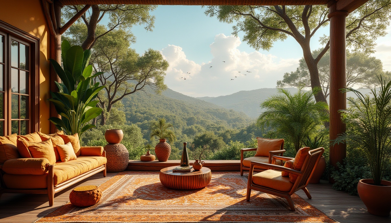 Prompt: Savannah landscape, eclectic style, vibrant colors, African-inspired patterns, tribal textures, earthy tones, wooden accents, natural materials, woven baskets, rattan furniture, lush greenery, tall trees, acacia leaves, sunny weather, warm lighting, panoramic view, 3/4 composition, cinematic angle, dramatic clouds, birds flying in the sky.