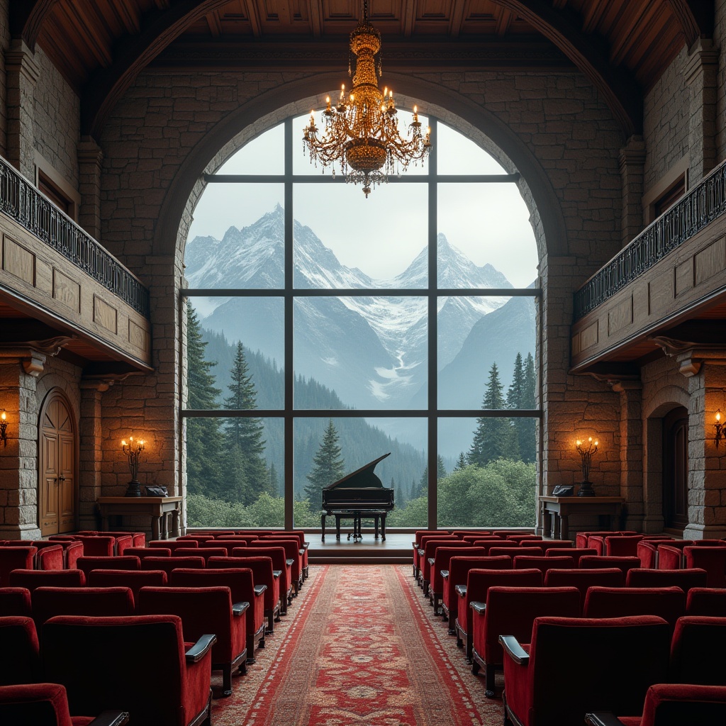 Prompt: Mountainous regions, auditorium, grand staircase, ornate chandelier, rustic stone walls, wooden beams, large windows, breathtaking views, majestic mountain peaks, snow-capped, evergreen trees, misty atmosphere, soft natural light, warm ambient glow, cozy seating area, plush red velvet chairs, intricate carvings, wooden panels, vintage lanterns, grand piano, minimal decor, symmetrical composition, 3/4 shot, soft focus, cinematic lighting.