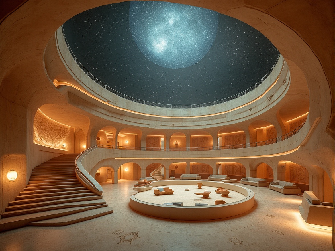 Prompt: Streamline Moderne planetarium, futuristic architecture, sandstone walls, curved lines, minimalist decor, geometric patterns, starry night sky projection, ambient LED lighting, sleek metal accents, glass dome roof, 3/4 composition, low-angle shot, cinematic atmosphere, soft focus, shallow depth of field, warm beige tones, metallic sheen, intricate stone carvings, astrological symbols etched into walls, elegant staircases, minimalist seating areas, futuristic control panels, galaxy-inspired patterns on floor and ceiling.