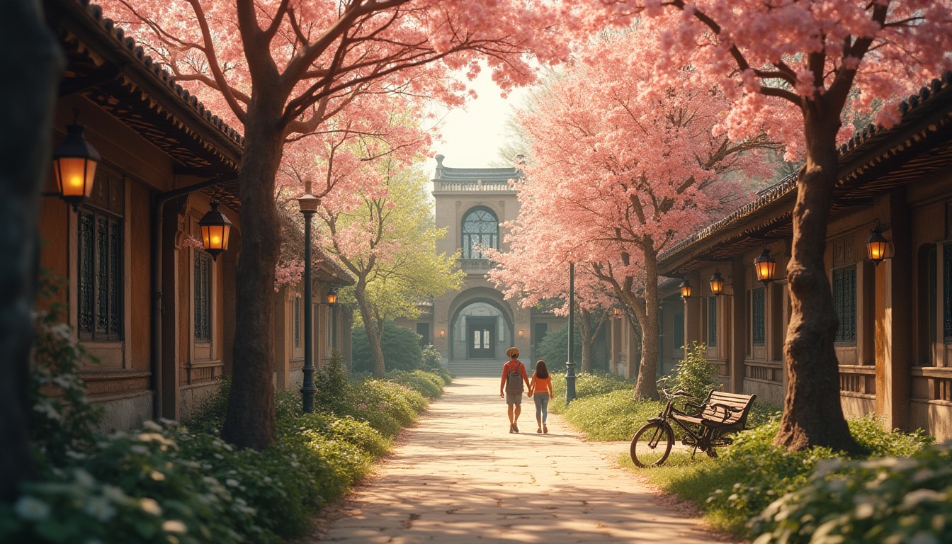 Prompt: Rural campus romanticism style, serene atmosphere, gentle afternoon sunlight, warm soft lighting, cherry blossoms blooming in the courtyard, lush greenery surrounding ancient buildings, worn stone pathways, old wooden benches, vintage lanterns hanging from trees, a lone bicycle leaning against a tree, a few students strolling hand in hand, soft music floating in the air, warm colors palette, cinematic composition, shallow depth of field, soft focus effect, film grain texture.