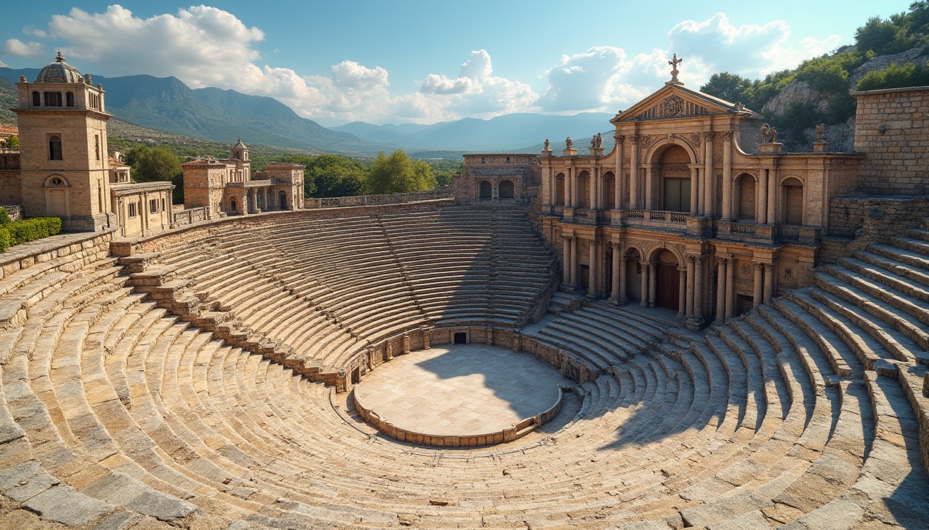 Prompt: Ancient Roman-style amphitheater, masonry materials, stone blocks, granite texture, rustic construction, arches, columns, ornate carvings, grand entrance, sprawling staircases, seating areas, audience, performances, warm afternoon light, soft shadows, Mediterranean landscape, distant mountains, blue sky, fluffy white clouds.