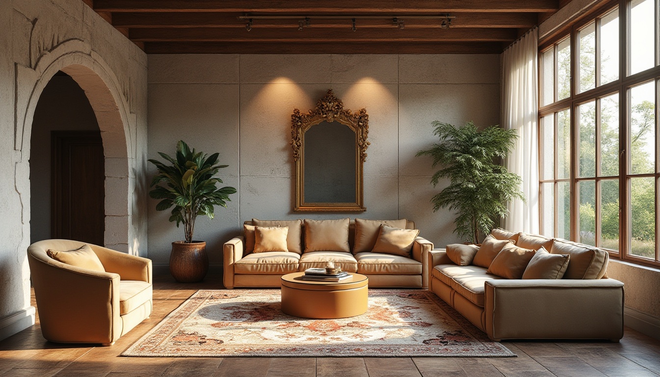 Prompt: Eclectic interior design, limestone material, textured stone wall, rustic wooden beams, velvet sofa, Moroccan patterned rug, golden metal frame, ornate mirror, potted plants, natural light pouring through large windows, 3/4 composition, soft focus, warm color tone, cozy atmosphere, luxurious feel, modern meets traditional, indoor meets outdoor.