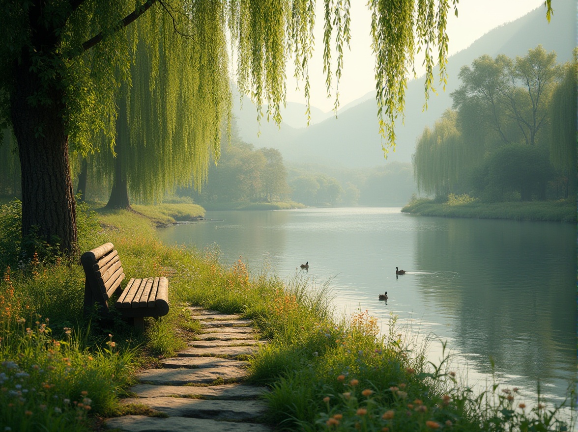 Prompt: Riverbank scene, serene atmosphere, lush greenery, vibrant wildflowers, gentle willows, tranquil water reflection, wooden bench, natural stone path, few ducks swimming lazily, distant misty mountains, warm soft lighting, morning dew, realistic textures, detailed foliage, cinematic composition, 3/4 view, subtle color palette, peaceful ambiance, eco-friendly design, harmony with nature, sustainable architecture.