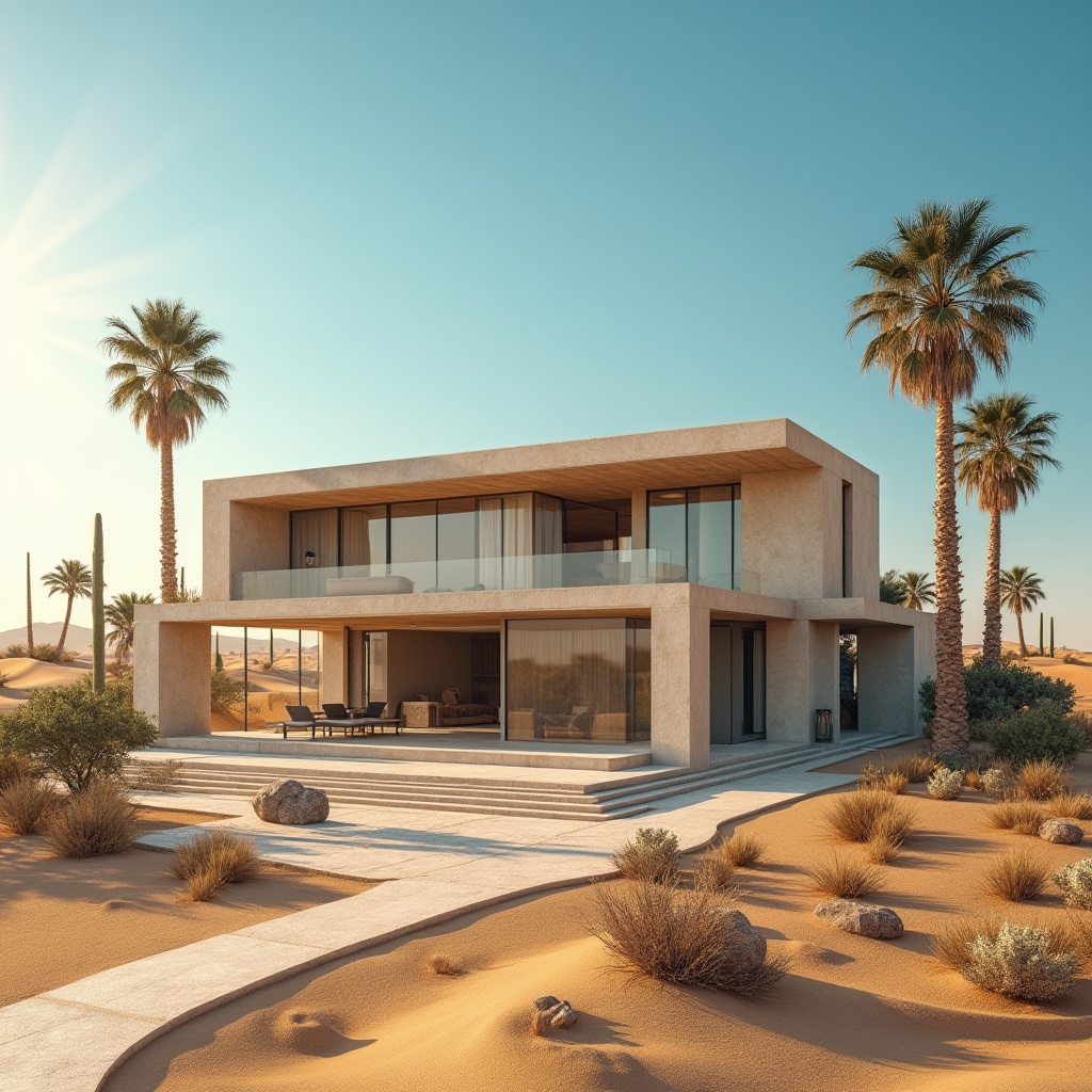 Prompt: Desert architecture, modern villa, luxurious, sandy dunes, endless blue sky, scorching sun, cactus plants, palm trees, minimalist interior design, large windows, sliding glass doors, open floor plan, industrial materials, metallic texture, concrete structure, water conservation system, solar panels, wind turbines, sustainable living, 3/4 composition, low-angle shot, warm natural lighting, cinematic atmosphere.