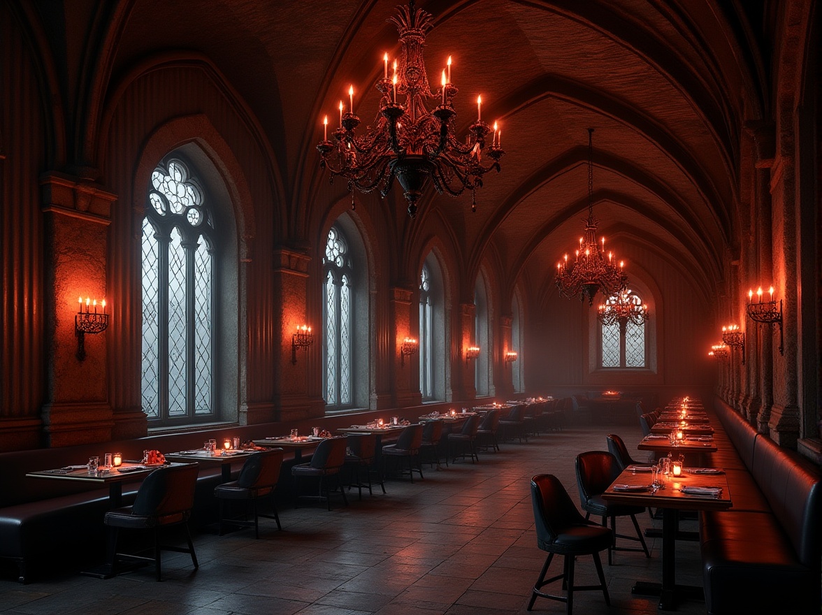 Prompt: Gothic style restaurant, dark medieval ambiance, corrugated metal walls, vaulted ceilings, grand chandeliers, ornate stone columns, mysterious shadows, luxurious velvet drapes, dim red lighting, candles on tables, wooden benches, iron lanterns, mysterious atmosphere, old wine cellar, abandoned church conversion, dramatic arches, eerie silence, foggy windows.