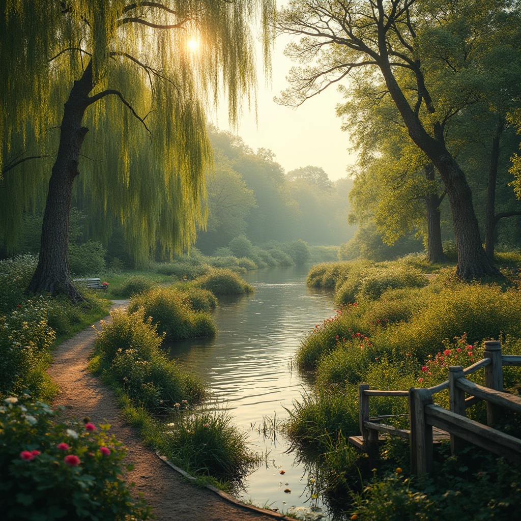 Prompt: riverbank, scenic, serene, tranquil atmosphere, lush greenery, various trees, willows, birches, flowers blooming, vibrant colors, narrow winding path, wooden benches, rustic metal railings, gentle slope, rippling water surface, soft breeze, warm sunlight, misty morning, evening golden hour, panoramic view, 3/4 composition, natural lighting.