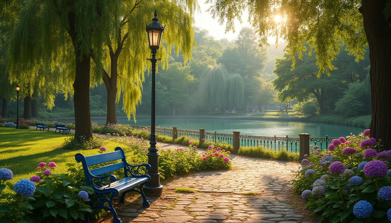 Prompt: Prussian blue themed park, serene atmosphere, sunny afternoon, warm light casting long shadows, lush green grass, vibrant flowers in bloom, Prussian blue benches, ornate iron railings, elegant lamp posts, walking paths made of rustic stone, tranquil pond with gentle ripples, weeping willows leaning over the water's edge, vibrant blooming hydrangeas, distant trees providing shade, 3/4 composition, soft focus background, warm ambient lighting, cinematic color palette.