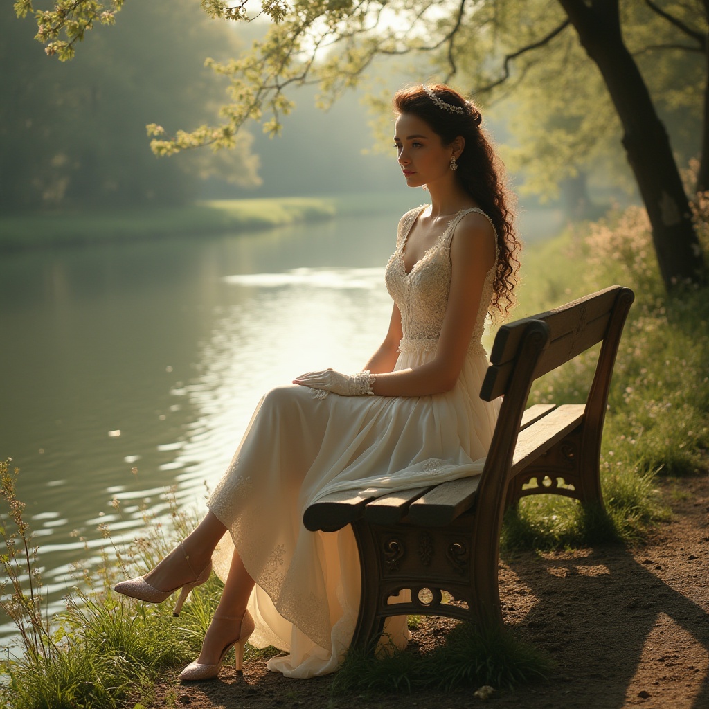 Prompt: Riverbank, classicism style, elegant atmosphere, tranquil water, vintage wooden bench, refined lady, 25yo, curly brown hair, soft makeup, white lace gloves, long flowing dress, intricate embroidery, high heels, parasol, gentle breeze, warm sunlight, golden hour, misty morning, serene landscape, lush greenery, blooming flowers, ornate iron fence, old trees, meandering river path, peaceful ambiance, cinematic composition, shallow depth of field, soft focus, filmic texture.