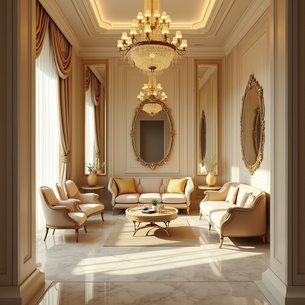 Prompt: Cream color, luxurious, Art Deco style, ornate details, geometric patterns, metallic accents, glamorous atmosphere, vintage vibes, ornamental mirrors, velvet furniture, marble floor, grand chandelier, lavish curtains, opulent textiles, 3/4 composition, warm lighting, cinematic ambiance.