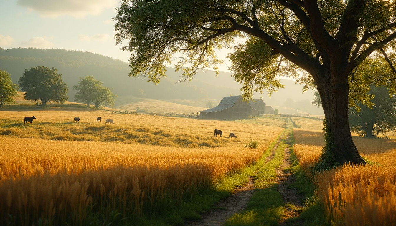 Prompt: Rural scenery, integrating farmland into design, rolling hills, vast fields of golden wheat, green pastures with cows grazing, rustic barn in the distance, a winding dirt path, old oak tree providing shade, warm sunlight casting long shadows, soft focus on background, cinematic composition, 3/4 view, atmospheric lighting, subtle color grading.