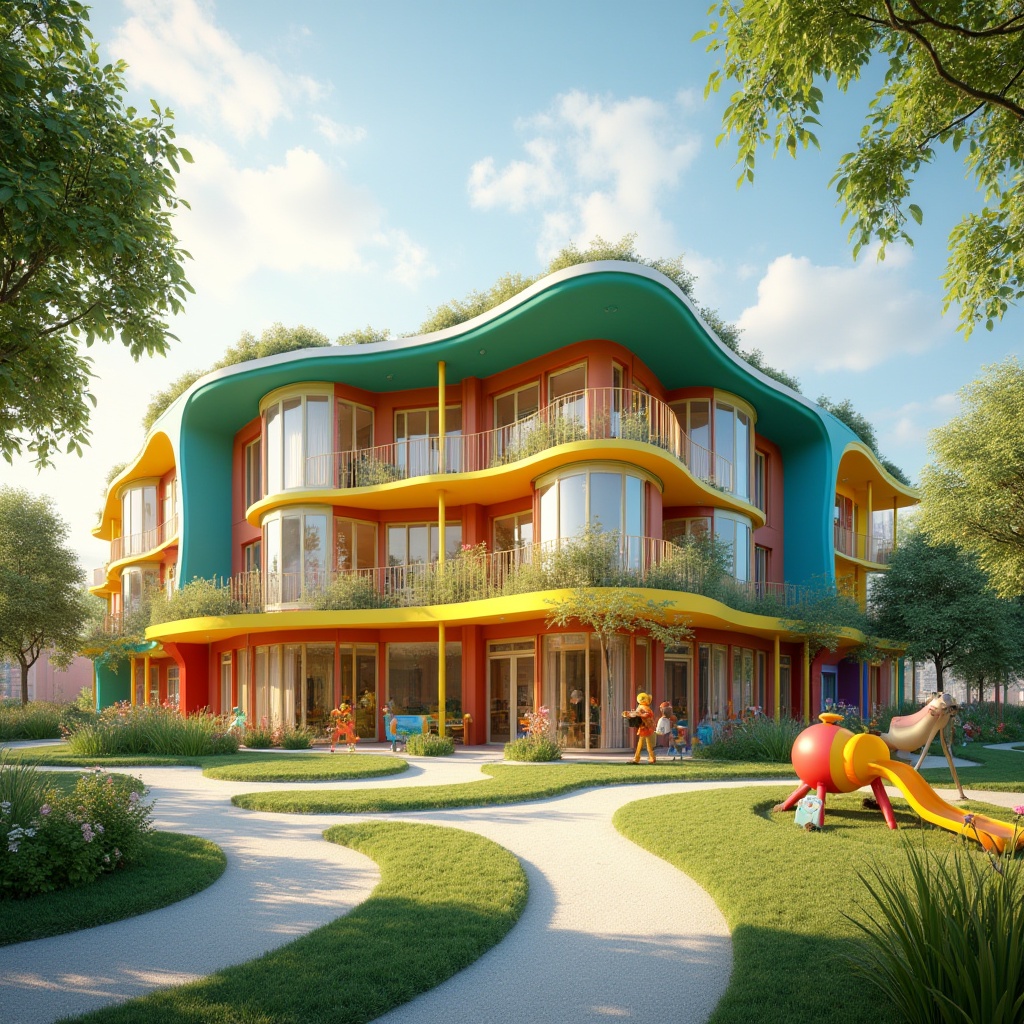 Prompt: Vibrant kindergarten building, fusion architecture style, colorful exterior walls, rounded corners, playful curved lines, large windows, natural light pouring in, wooden accents, bright yellow and blue accents, green roof, lush plants, flowers blooming, winding paths, outdoor play area, jungle gym, slide, sandbox, treehouse, vibrant mural painting, whimsical sculptures, sunny day, warm lighting, shallow depth of field, soft focus, 3/4 composition.