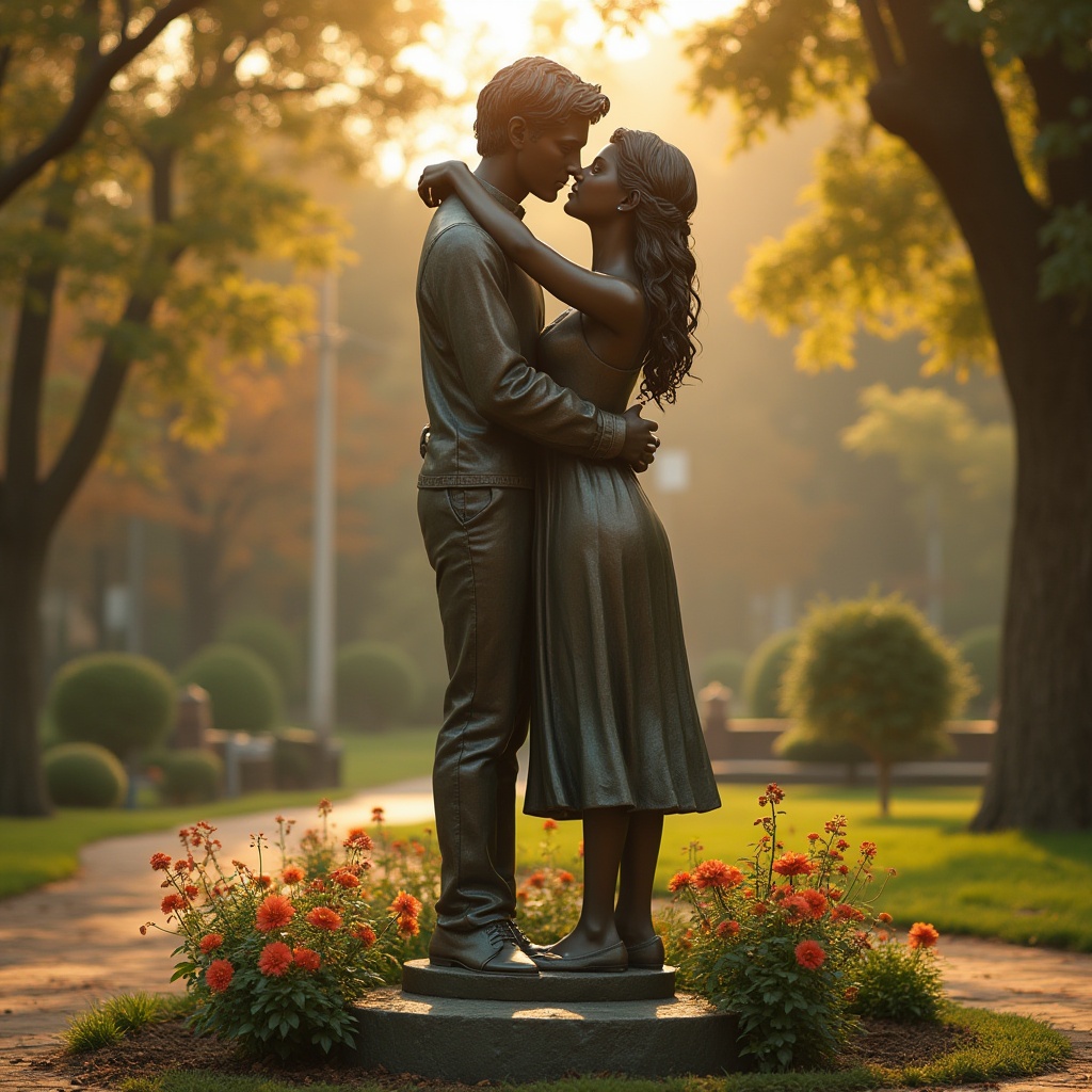 Prompt: Romantic campus scene, warm sunlight filtering through trees, bronze statue of a young couple embracing, subtle facial expressions, intricate details on clothing, gentle rust color tone, natural texture, intricate patterns on the pedestal, lush greenery surrounding, blooming flowers at the base, soft focus on the background, warm color palette, shallow depth of field, 3/4 composition, cinematic lighting.