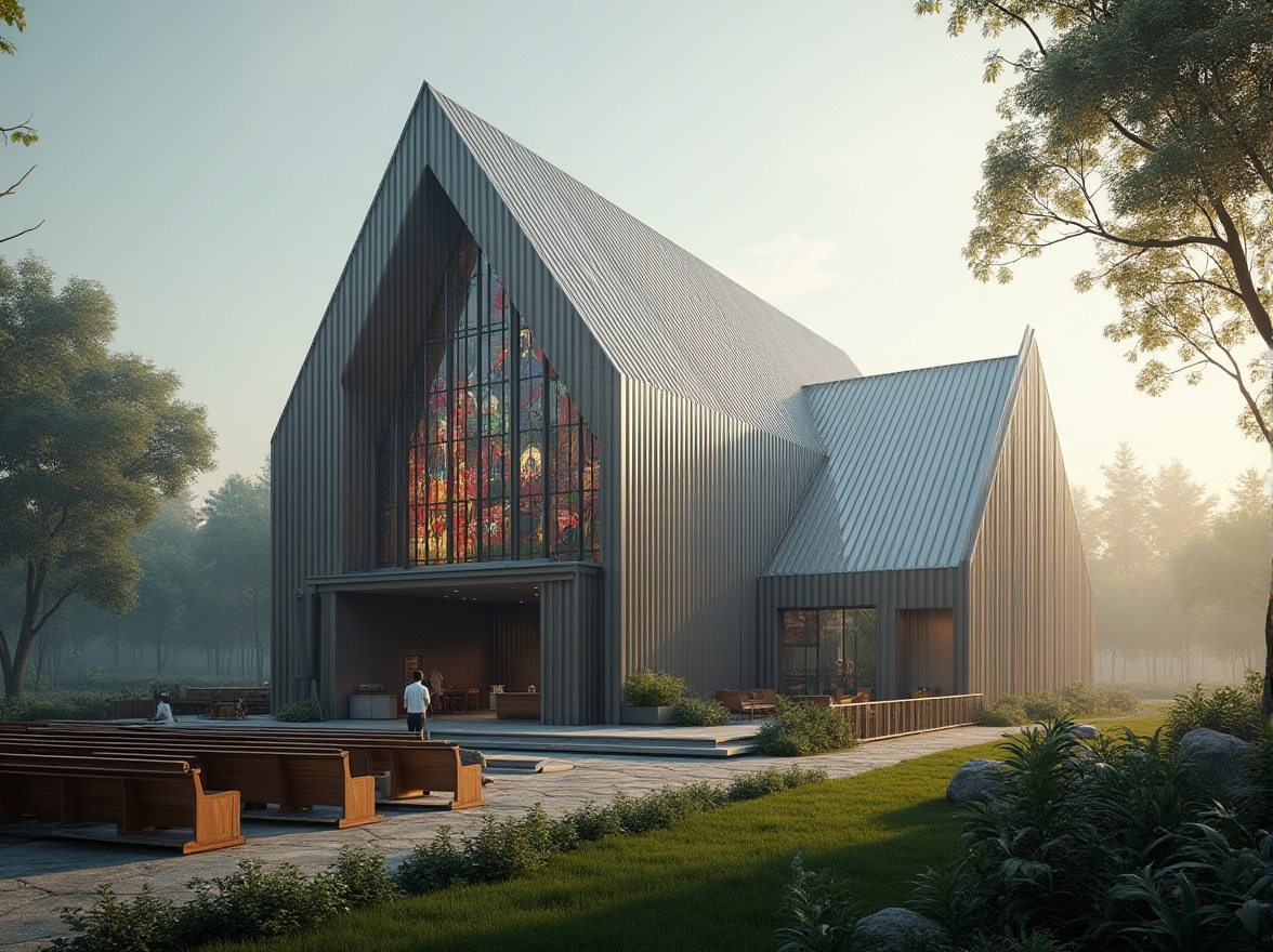 Prompt: Modern church, corrugated iron exterior, sleek, minimalist, silver-gray, industrial chic, geometric shapes, angular lines, asymmetrical composition, dramatic natural light, stained glass windows, vibrant colors, intricate patterns, ornate interior, polished wooden pews, rustic accents, lush greenery surroundings, hilltop location, panoramic view, soft morning light, misty atmosphere.