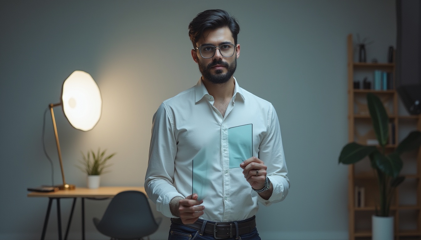 Prompt: Modern designer, male, 30s, glasses with silver frames, neat beard, black hair, white shirt, dark blue jeans, standing, holding a glass material sample, indoor studio, minimalist background, wooden desk, metal chair, creative lighting, softbox lights, shallow depth of field, product photography style, high contrast, vibrant colors, futuristic ambiance.