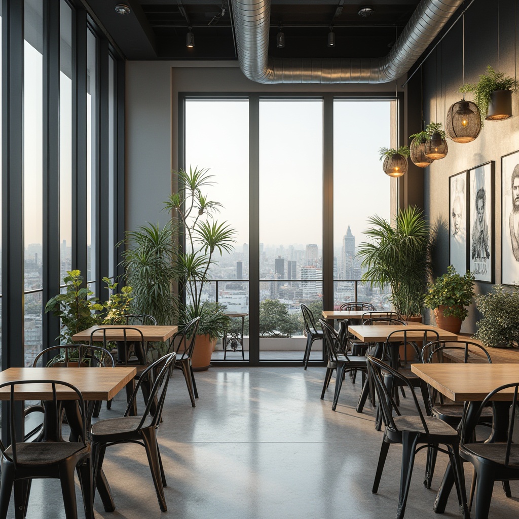 Prompt: Modern hostel, minimalist interior, industrial chic, aluminium frames, large windows, city view, urban landscape, sleek lines, metal texture, reflective surface, low-key lighting, communal area, wooden tables, metal chairs, potted plants, concrete floor, geometric patterns, Scandinavian design, cozy atmosphere, warm color palette.